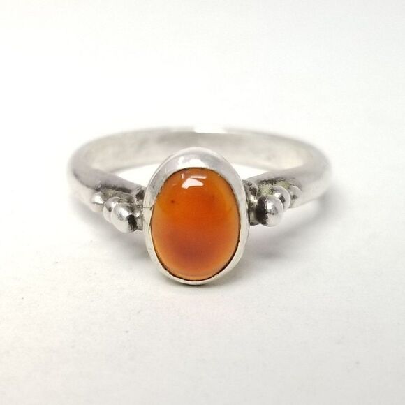 Vintage Sterling Silver Orange Oval Cabochon Stone Ring, Size 6 1/2 Band, Bezel - Picture 8 of 8